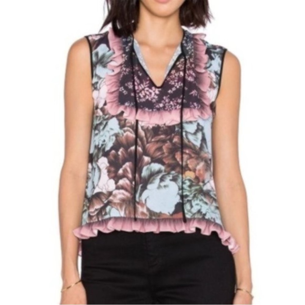 Clover Canyon Ruffle Sleeveless Top Floral Sunset Large